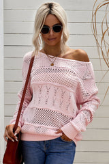 Openwork Boat Neck Pullover Sweater - SHE BADDY© ONLINE WOMEN FASHION & CLOTHING STORE