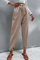 Drawstring Paperbag Waist Button Detail Pants - SHE BADDY© ONLINE WOMEN FASHION & CLOTHING STORE