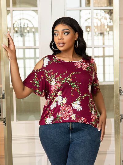 Plus Size Cold-Shoulder Round Neck Curved Hem Tee - SHE BADDY© ONLINE WOMEN FASHION & CLOTHING STORE