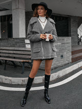 Zip-Up Collared Teddy Jacket - SHE BADDY© ONLINE WOMEN FASHION & CLOTHING STORE