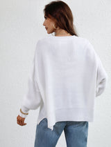 Exposed Seam Dropped Shoulder Slit Sweater - SHE BADDY© ONLINE WOMEN FASHION & CLOTHING STORE