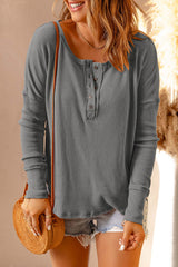 Half Button Waffle Knit Long Sleeve Top - SHE BADDY© ONLINE WOMEN FASHION & CLOTHING STORE