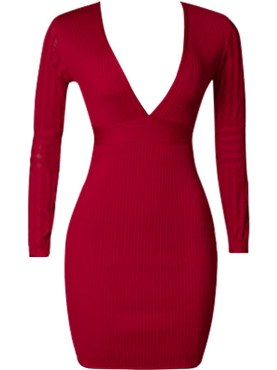 Ribbed Deep V Long Sleeve Mini Bandage Dress - SHE BADDY© ONLINE WOMEN FASHION & CLOTHING STORE