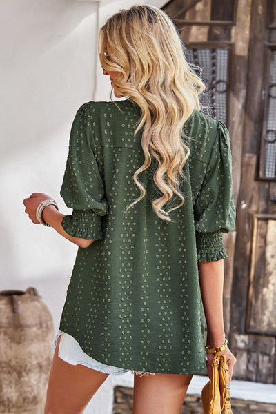 Textured Notched Neck Puff Sleeve Blouse - SHE BADDY© ONLINE WOMEN FASHION & CLOTHING STORE