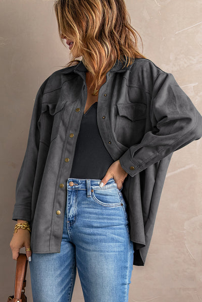 Snap Down Suede Jacket with Breast Pockets - SHE BADDY© ONLINE WOMEN FASHION & CLOTHING STORE