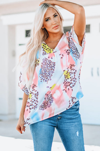 Mixed Print V-Neck Half Sleeve Top - SHE BADDY© ONLINE WOMEN FASHION & CLOTHING STORE