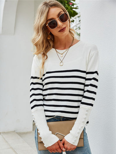 Striped Decorative Button Knit Top - SHE BADDY© ONLINE WOMEN FASHION & CLOTHING STORE