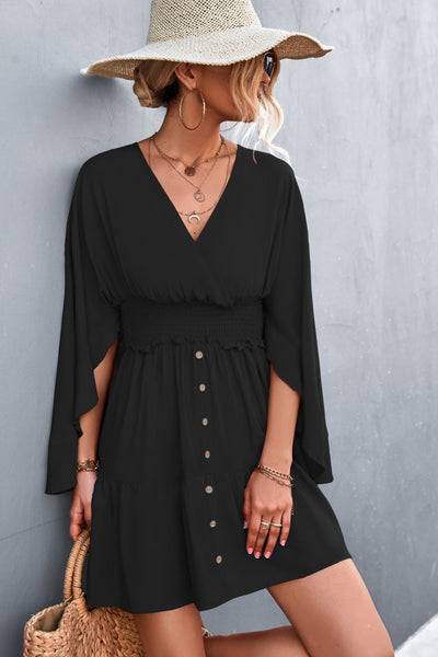 Decorative Button Smocked Waist Surplice Dress - SHE BADDY© ONLINE WOMEN FASHION & CLOTHING STORE