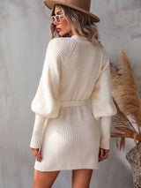 Belted Surplice Lantern Sleeve Wrap Sweater Dress - SHE BADDY© ONLINE WOMEN FASHION & CLOTHING STORE