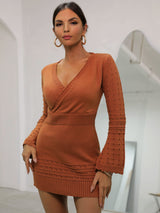 Openwork Ribbed Trim Surplice Sweater Dress - SHE BADDY© ONLINE WOMEN FASHION & CLOTHING STORE