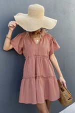 Frill Trim Smocked Tie Neck Dress - SHE BADDY© ONLINE WOMEN FASHION & CLOTHING STORE