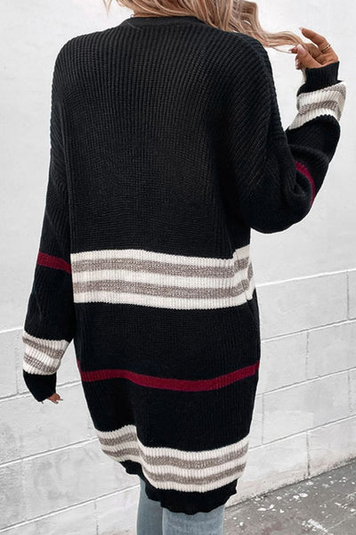 Striped Rib-Knit Drop Shoulder Open Front Cardigan - SHE BADDY© ONLINE WOMEN FASHION & CLOTHING STORE