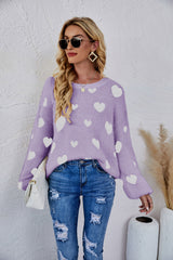 Heart Print Fuzzy Crewneck Long Sleeve Sweater - SHE BADDY© ONLINE WOMEN FASHION & CLOTHING STORE