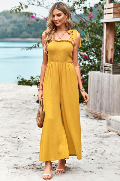 Frill Trim Tie Shoulder Wide Leg Jumpsuit with Pockets - SHE BADDY© ONLINE WOMEN FASHION & CLOTHING STORE