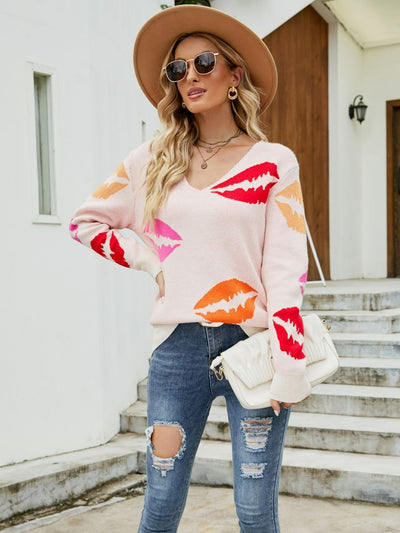 Lip Print V-Neck Knit Top - SHE BADDY© ONLINE WOMEN FASHION & CLOTHING STORE