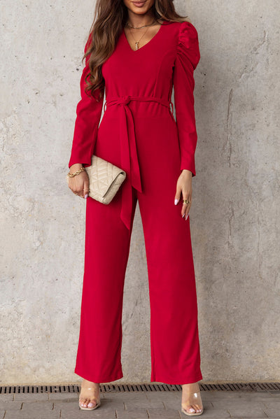 Belted Long Puff Sleeve V-Neck Jumpsuit - SHE BADDY© ONLINE WOMEN FASHION & CLOTHING STORE