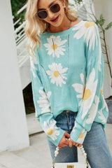 Daisy Print Openwork Round Neck Sweater - SHE BADDY© ONLINE WOMEN FASHION & CLOTHING STORE