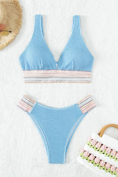 Contrast Textured High Cut Swim Set - SHE BADDY© ONLINE WOMEN FASHION & CLOTHING STORE