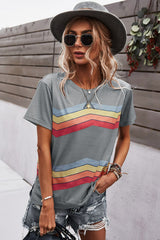 Multicolored Chevron Stripe Round Neck Side Slit T-Shirt - SHE BADDY© ONLINE WOMEN FASHION & CLOTHING STORE