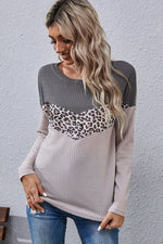 Leopard Color Block Waffle-Knit Long Sleeve Top - SHE BADDY© ONLINE WOMEN FASHION & CLOTHING STORE