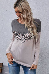 Leopard Color Block Waffle-Knit Long Sleeve Top - SHE BADDY© ONLINE WOMEN FASHION & CLOTHING STORE