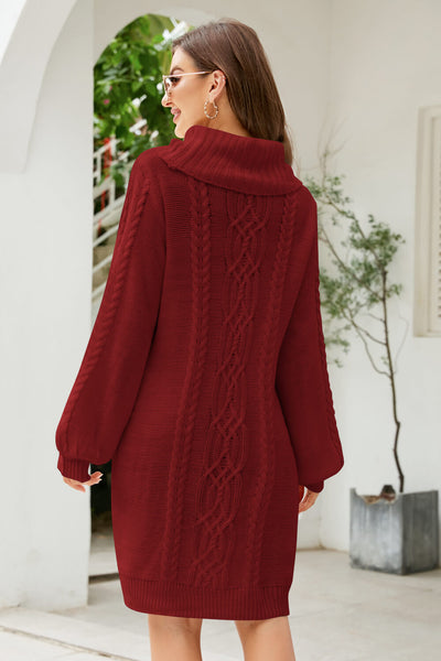 Mixed Knit Turtleneck Lantern Sleeve Sweater Dress - SHE BADDY© ONLINE WOMEN FASHION & CLOTHING STORE