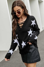 Star Pattern Lace-Up Drop Shoulder Sweater - SHE BADDY© ONLINE WOMEN FASHION & CLOTHING STORE