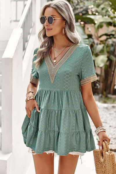 Contrast Short Sleeve Tiered Blouse - SHE BADDY© ONLINE WOMEN FASHION & CLOTHING STORE