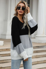 Color Block Long Sleeve Chunky Knit Sweater - SHE BADDY© ONLINE WOMEN FASHION & CLOTHING STORE