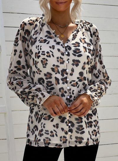 Leopard Button Down Ruched Flounce Sleeve Top - SHE BADDY© ONLINE WOMEN FASHION & CLOTHING STORE
