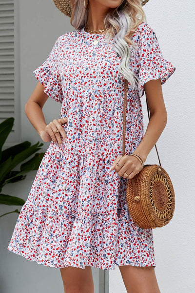 Ditsy Floral Flounce Sleeve Tiered Dress - SHE BADDY© ONLINE WOMEN FASHION & CLOTHING STORE