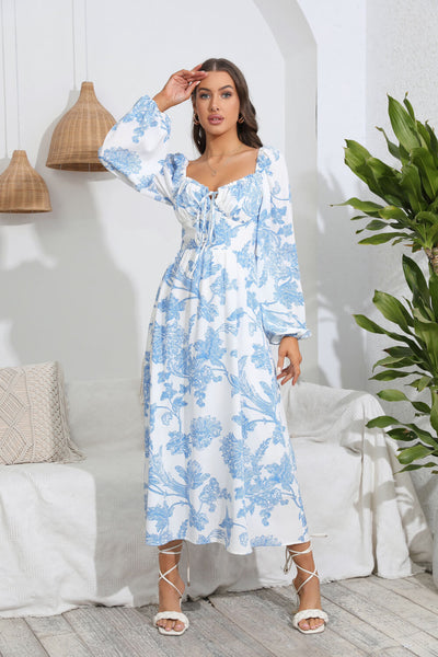 Floral Tie Front Sweetheart Neck Midi Dress - SHE BADDY© ONLINE WOMEN FASHION & CLOTHING STORE