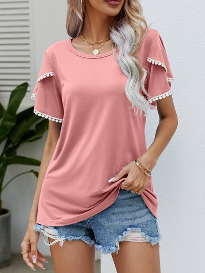 Pom-Pom Trim Flutter Sleeve Round Neck Tee - SHE BADDY© ONLINE WOMEN FASHION & CLOTHING STORE