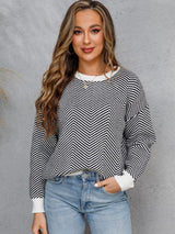 Chevron Ribbed Trim Dropped Shoulder Knit Pullover - SHE BADDY© ONLINE WOMEN FASHION & CLOTHING STORE