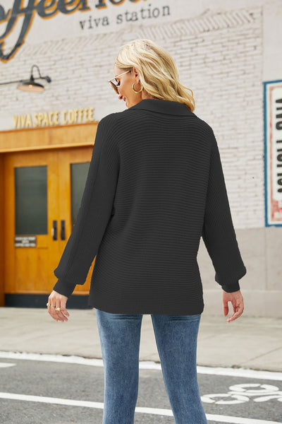 Horizontal Ribbing Johnny Collar Sweater - SHE BADDY© ONLINE WOMEN FASHION & CLOTHING STORE