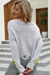 Smiley Face Distressed Round Neck Sweater - SHE BADDY© ONLINE WOMEN FASHION & CLOTHING STORE