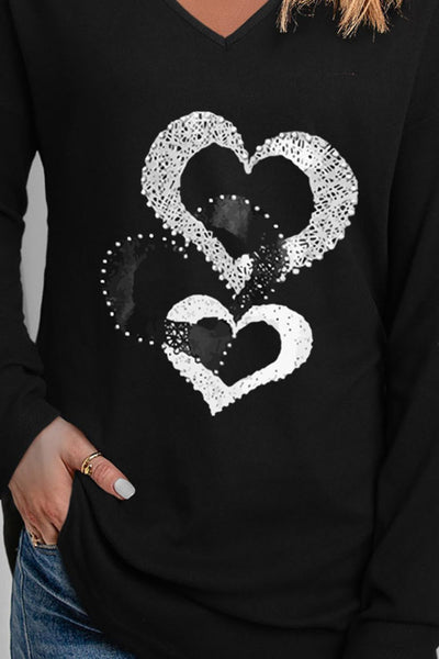 Heart Contrast V-Neck Long Sleeve Tee - SHE BADDY© ONLINE WOMEN FASHION & CLOTHING STORE