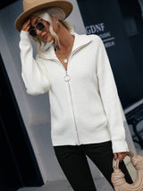 Rib-Knit Zip Up Collared Cardigan - SHE BADDY© ONLINE WOMEN FASHION & CLOTHING STORE