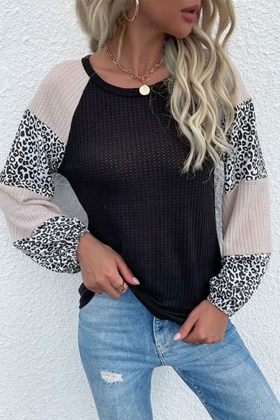 Contrast Leopard Print Waffle Knit Tee - SHE BADDY© ONLINE WOMEN FASHION & CLOTHING STORE