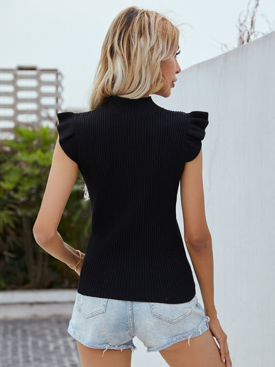 Flutter Sleeve Mock Neck Ribbed Top - SHE BADDY© ONLINE WOMEN FASHION & CLOTHING STORE