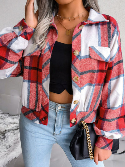 Plaid Collared Neck Drop Shoulder Jacket - SHE BADDY© ONLINE WOMEN FASHION & CLOTHING STORE