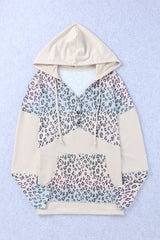 Leopard Color Block Buttoned Drawstring Detail Hoodie - SHE BADDY© ONLINE WOMEN FASHION & CLOTHING STORE