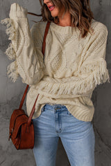 Cable-Knit Fringe Trim Sweater - SHE BADDY© ONLINE WOMEN FASHION & CLOTHING STORE