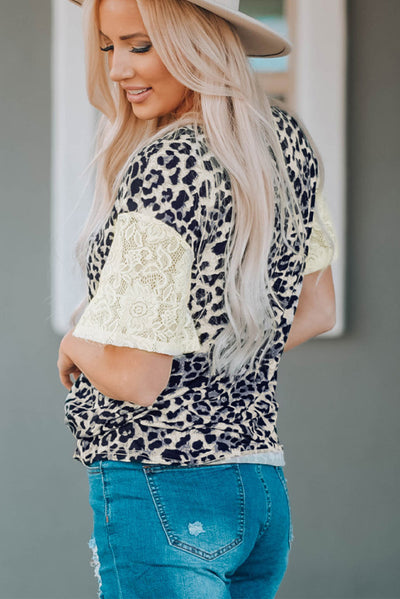 Leopard Print Lace Sleeve Round Neck Tee - SHE BADDY© ONLINE WOMEN FASHION & CLOTHING STORE