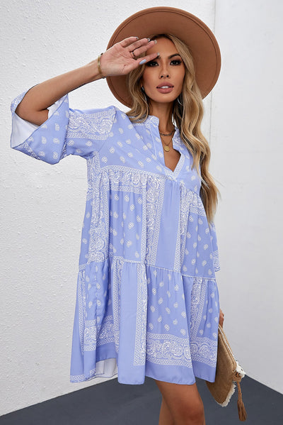 Paisley Three-Quarter Sleeve Mini Dress - SHE BADDY© ONLINE WOMEN FASHION & CLOTHING STORE