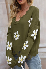 Flower Distressed Ribbed Trim Sweater - SHE BADDY© ONLINE WOMEN FASHION & CLOTHING STORE