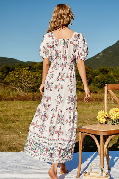 Floral Ruched Puff Sleeve Tiered Maxi Dress - SHE BADDY© ONLINE WOMEN FASHION & CLOTHING STORE