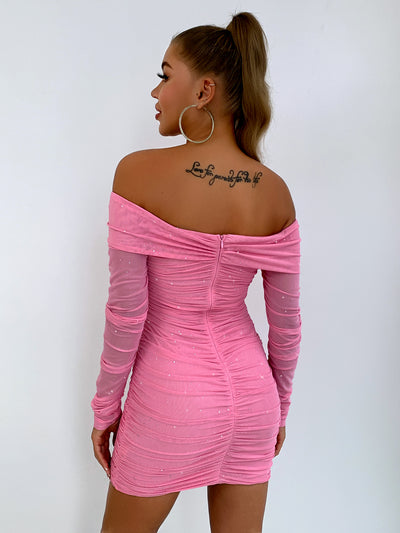 Glitter Ruched Off-Shoulder Long Sleeve Bodycon Dress - SHE BADDY© ONLINE WOMEN FASHION & CLOTHING STORE