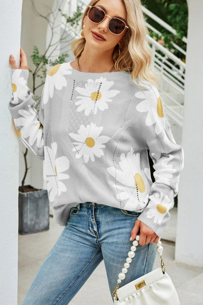 Daisy Print Openwork Round Neck Sweater - SHE BADDY© ONLINE WOMEN FASHION & CLOTHING STORE