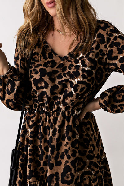 Leopard V-Neck Balloon Sleeve Tiered Dress - SHE BADDY© ONLINE WOMEN FASHION & CLOTHING STORE